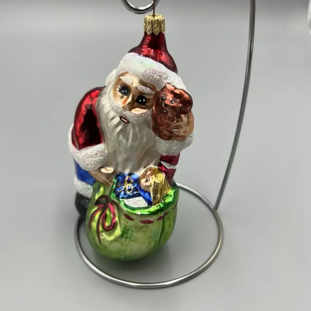Christopher Radko Bundle Of Toys Christmas‎ Ornament Santa Glass Green Bag 5.5”